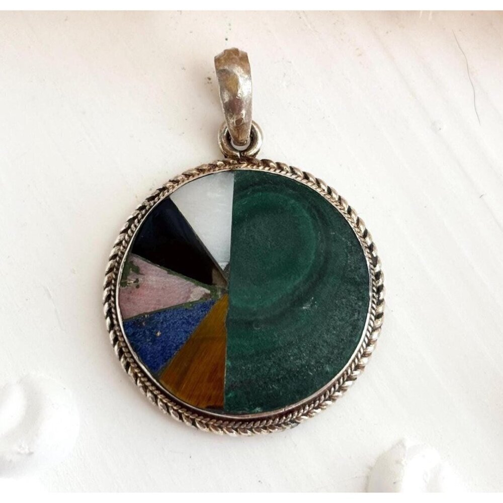 RARE Gemstone Inlay Geometric Southwest Pinwheel 925 Vintage Pendant